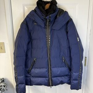 Descente Navy Ski Jacket Faux Leather Studs Fur Trim Hood Heat Navi Womens Sz 14